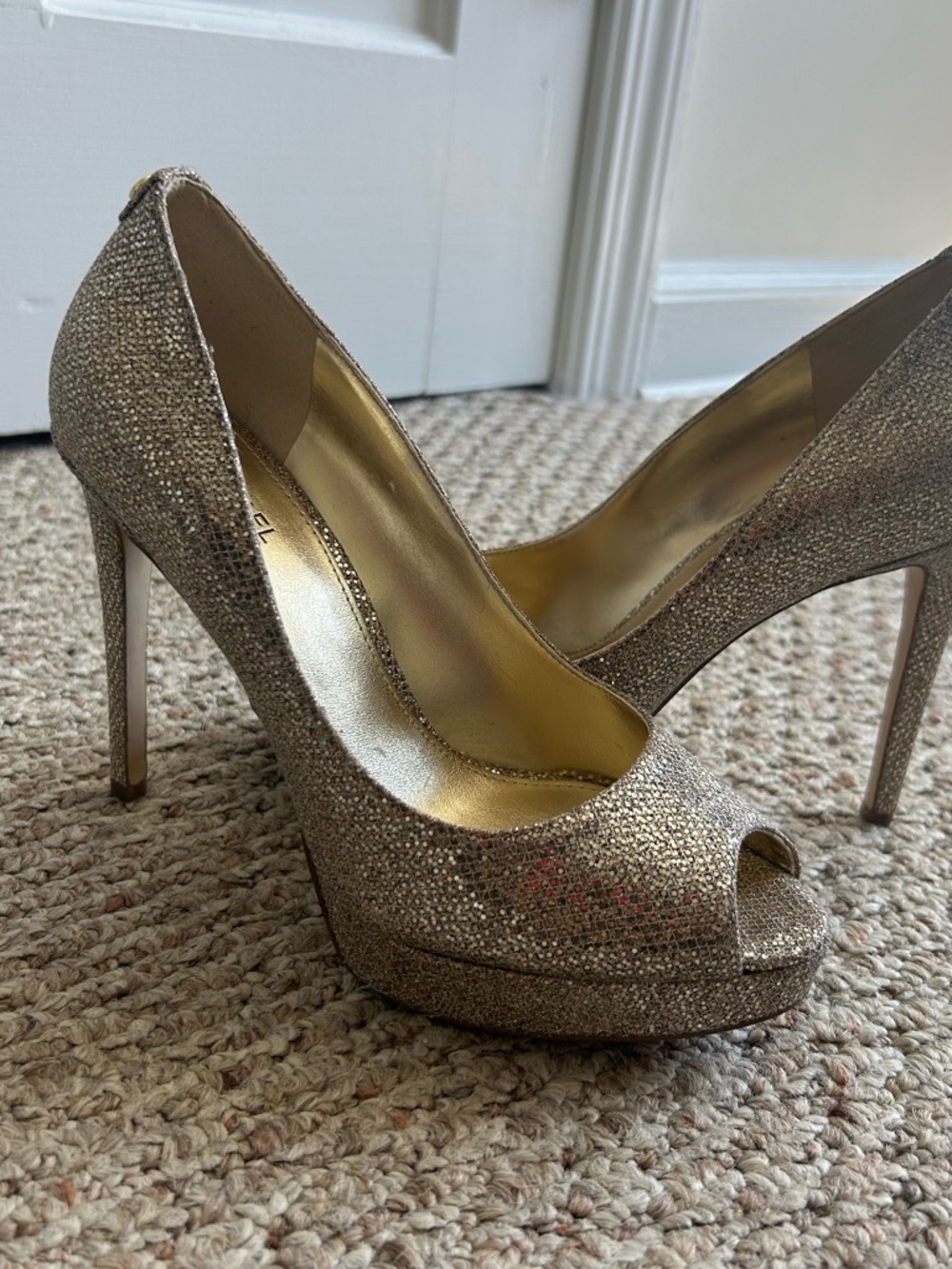 Michael Kors Gold Glitter Open-Toe Pumps - Picture 2 of 5